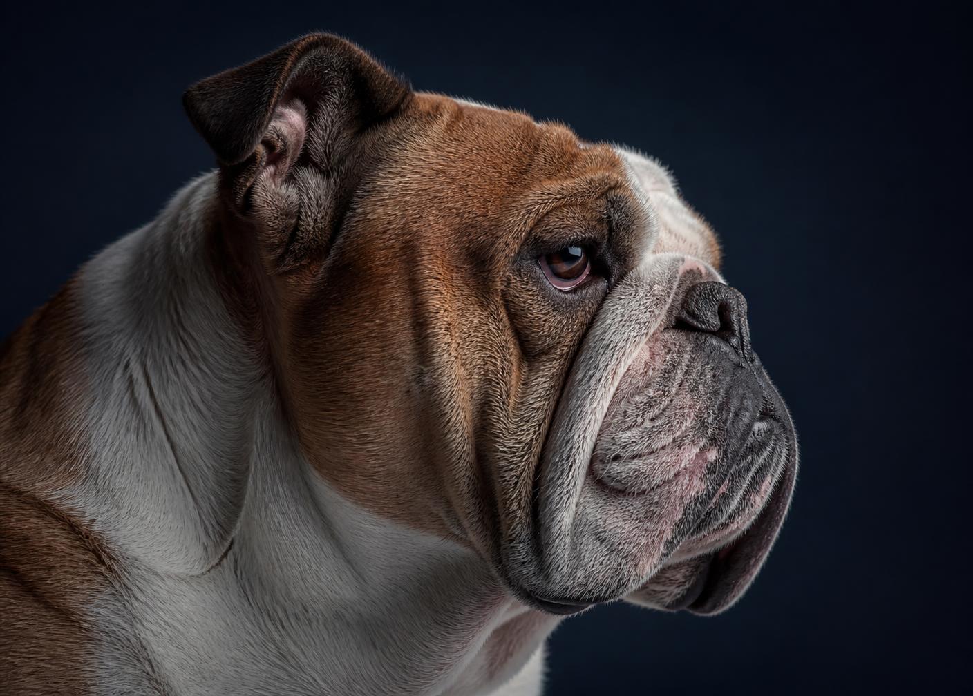 Studio portrait of an English Bulldog in profile