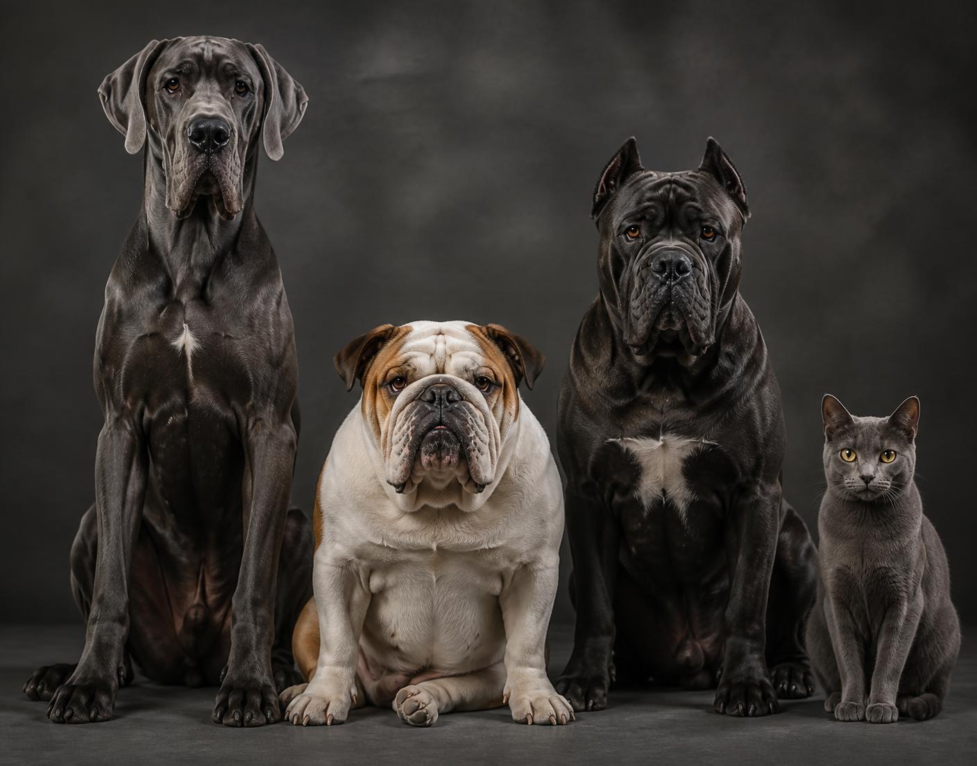 A Great Dane, English Bulldog, Cane Corso and a shorthair cat photographed together in a studio
